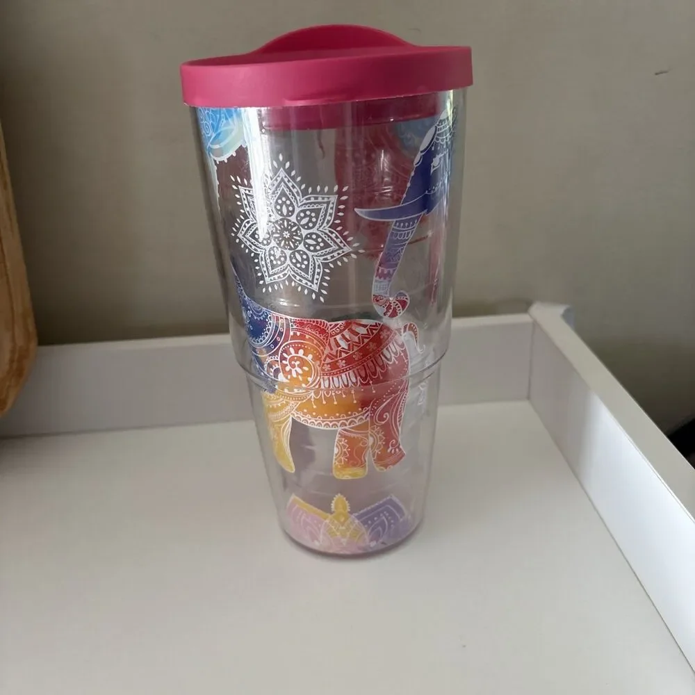 Tervis 24oz Tumbler Travel Mug Mehndi Elephant Colorful Wrap Pink Lid
